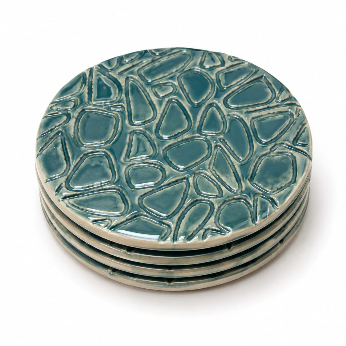 Handcrafted Ceramic Coaster Set - Textured Mustard Yellow, Sea green, Light Blue and green(Set of 4)