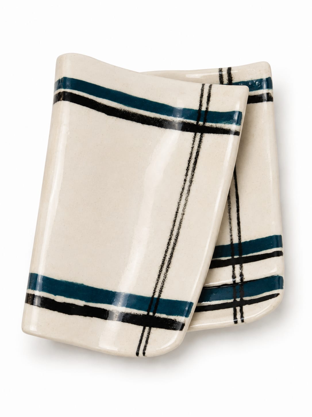 Handcrafted Ceramic "Folded Towel" Spoon Rest - Rustic Red Stripe and Black and sea green stripe