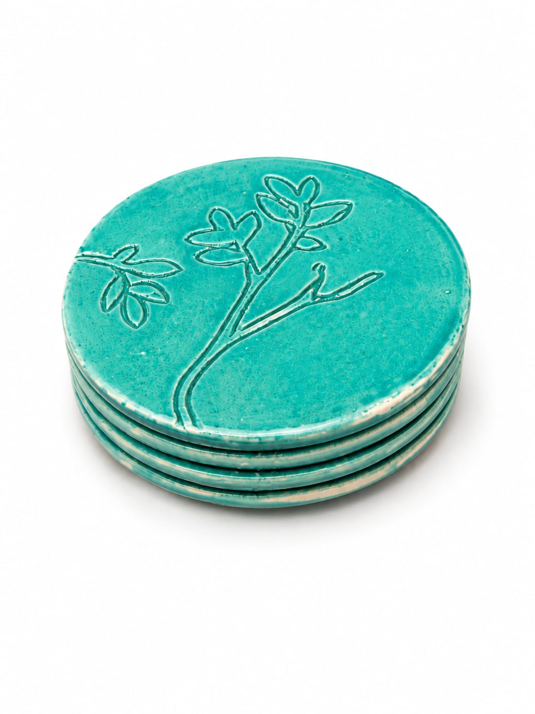 Handcrafted Ceramic Coaster Set - Textured Mustard Yellow, Sea green, Light Blue and green(Set of 4)