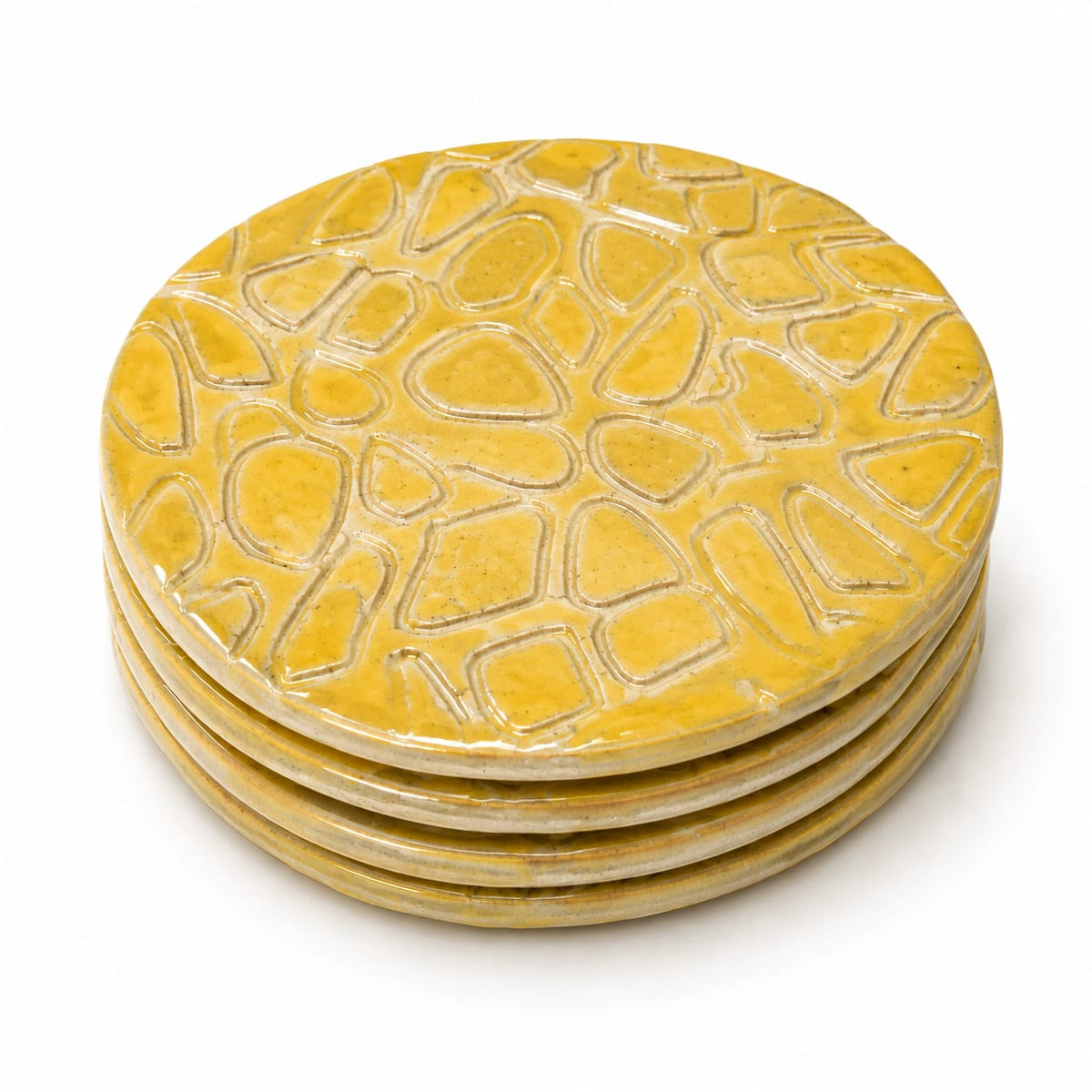 Handcrafted Ceramic Coaster Set - Textured Mustard Yellow, Sea green, Light Blue and green(Set of 4)
