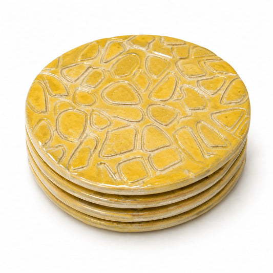 Handcrafted Ceramic Coaster Set - Textured Mustard Yellow, Sea green, Light Blue and green(Set of 4)