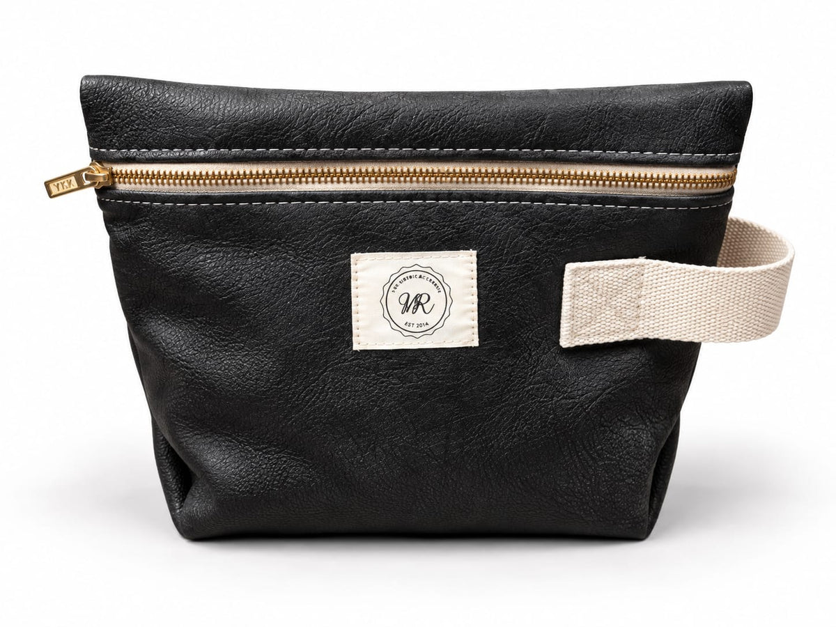 Handcrafted Leather Toiletry & Cosmetic Pouch, Black, Cream & Brown Leather and Suede Mustard Yellow