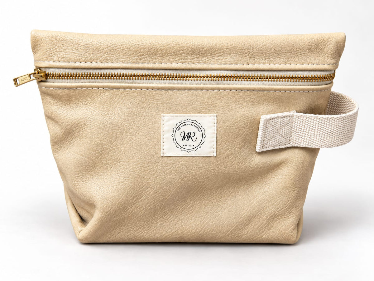 Handcrafted Leather Toiletry & Cosmetic Pouch, Black, Cream & Brown Leather and Suede Mustard Yellow