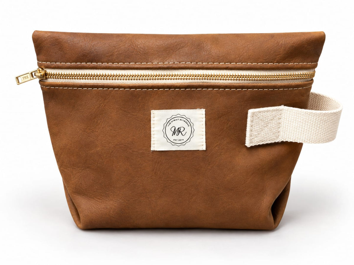 Handcrafted Leather Toiletry & Cosmetic Pouch, Black, Cream & Brown Leather and Suede Mustard Yellow