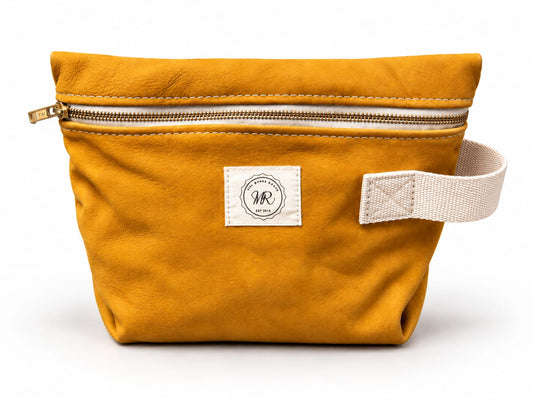Handcrafted Leather Toiletry & Cosmetic Pouch, Black, Cream & Brown Leather and Suede Mustard Yellow