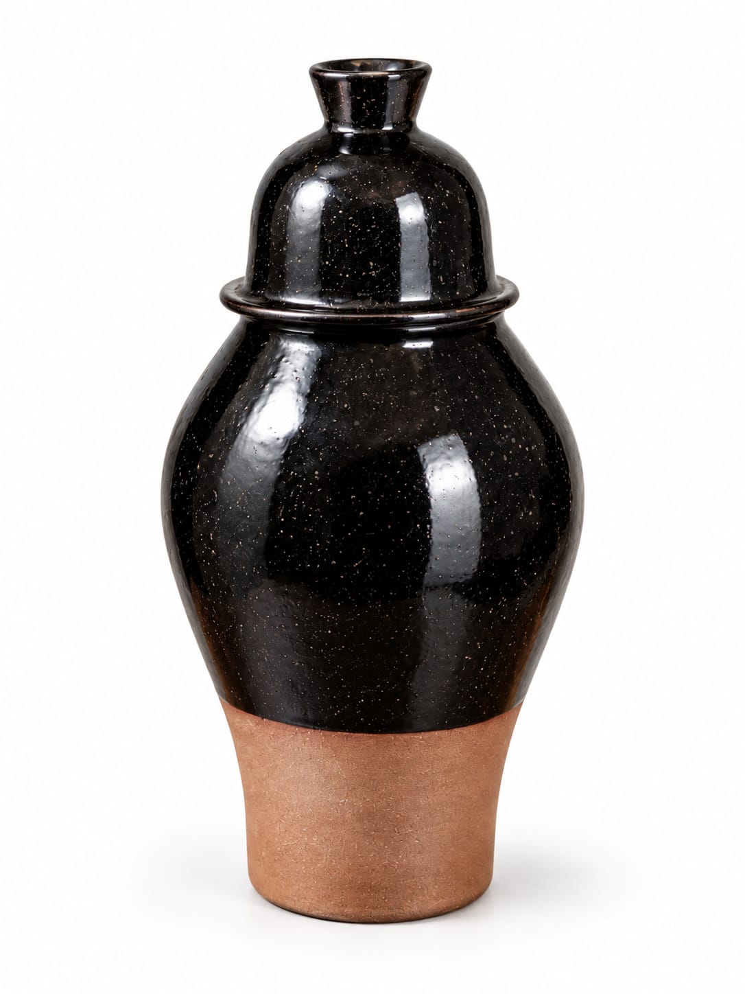 Handcrafted Ceramic Ginger Jar with Lid - Obsidian & Terracotta