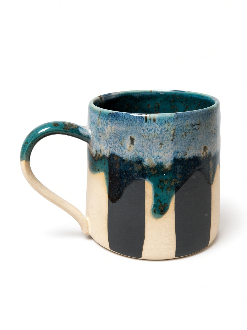 Handmade Striped Ceramic Mug - Teal and Obsidian