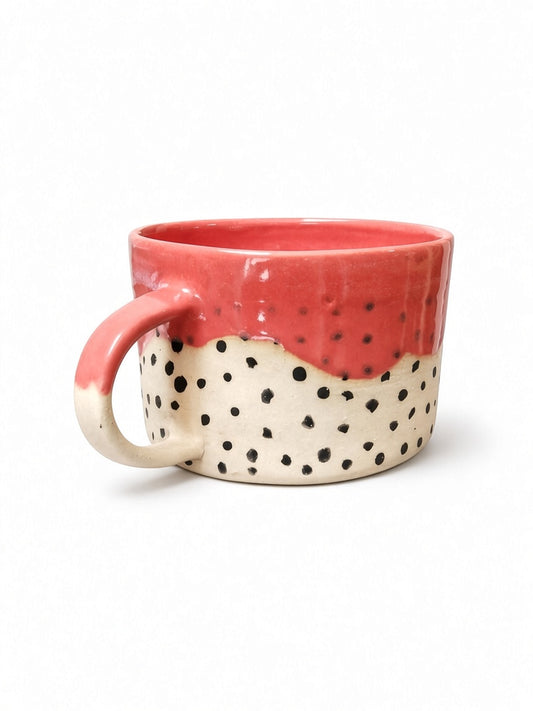 Handcrafted Ceramic Wax-Resist Polka Dot Mug - Coral Orange & Cream