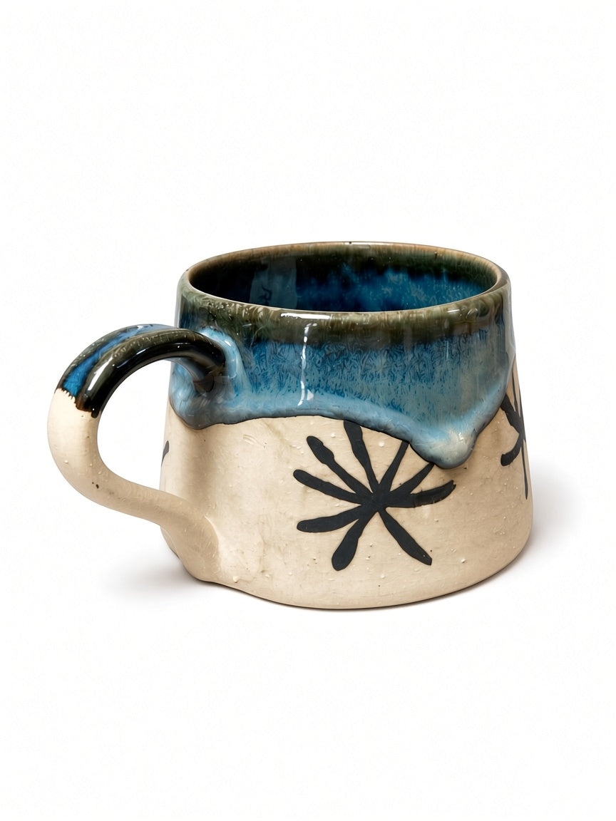 Handmade Ceramic Celestial Burst Mug - Teal & Cream